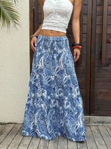 SHEIN Tall 女式波西米亚印花长褶裙，休闲假日日常穿着，春夏 - 藏蓝色 - 查看 5