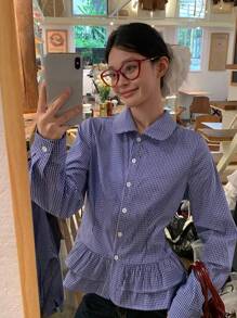 DAZY 女式彼得潘领格子休闲蓝色长袖韩版纽扣衬衫，秋季 - 藍色 - 查看 9