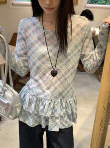 DAZY Women's Round Neck Grid Pattern Mesh Long Sleeve Casual Knit T-Shirt