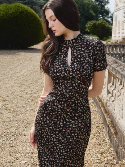 lacRébo 黑色花卉印花复古风格修身梭织连衣裙高领返校节连衣裙女士办公室服装黑色花卉连衣裙法式连衣裙秋季连衣裙