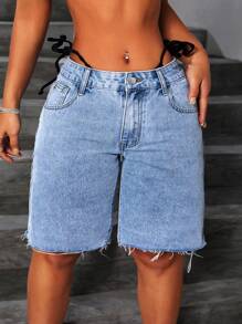 SHEIN CURVE+ Quần short denim nữ cỡ lớn có túi và cúc, kiểu dáng thường ngày, đa năng. - Màu xanh lam - Xem 4