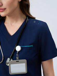 Scrubzie Women V-Neck Patchwork Pocket Short Sleeve Top And Pants Nurse Uniform Set - Navy Blue - View 6