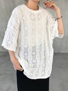 FRIFUL Camiseta feminina branca solta, tecido texturizado, gola redonda, manga média, roupa casual de verão, transparente - Branco - Ver 4