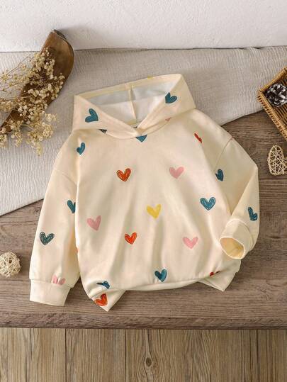 LMoss Kids LMoss 女童爱心图案针织连帽卫衣，女童卫衣，爱心印花卫衣，儿童卫衣，可爱女童卫衣，女童卫衣，儿童卫衣，可爱女童卫衣，女童卫衣，儿童爱心卫衣，爱心卫衣，幼儿女童服装，秋冬季