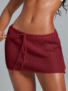 Swim Lushoire Wavy Hem, Short Beach Cover-Up Skirt, Geometric Knit For Summer Beach Vacation - Red - View 4