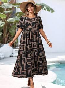 EMERY ROSE Robe décontractée à col rond et manches courtes avec imprimé géométrique pour femmes en grande taille