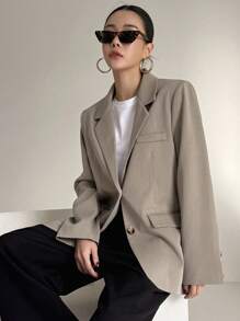 DAZY Chaqueta de traje ancha de unicolor con bolsillos para mujer, ropa de negocios de otoño - Marrón Chocolate - Ver 4