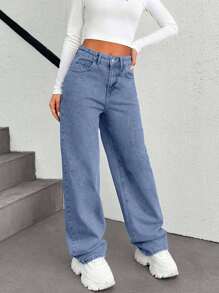 EURMUSE HIGH RISE STRAIGHT CUT JEAN WITH Blue DETAIL Dates Summer Street Wear Y2k - Light Wash - View 5