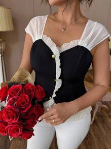 SHEIN Clasi New Women's Summer Elegant Black & Apricot Color Block Ruffle Waist Short Sleeve Sweetheart Neck Blouse, Plus Size - Black and White - View 3