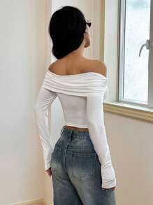 INAWLY Women's Solid Color Off-Shoulder Pleated Long Sleeve Cropped Slim Fit T-Shirt For Spring And Summer