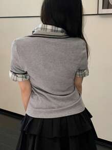 DAZY Women Summer Striped Webbing Contrast Patchwork Embroidered Letter Polo Shirt Short Sleeve T-Shirt Preppy Tops - Grey - View 7