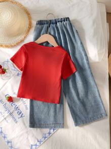 SHEIN Genkimix Kids Toddler Girls T-Shirt Set, Red Ribbed Knit Top, Embroidered Denim Pants With Cherry Pattern, Sweet & Fashionable Style, Suitable For Spring, Summer, Autumn - Red - View 2