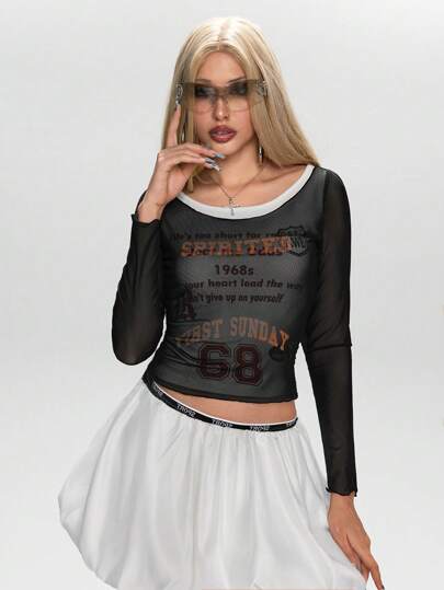Grunge Punk Y2K Sexy Sheer Mesh Printed Off-Shoulder Women Top