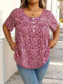 SHEIN Plus Size Casual Short Sleeve Loose Ditsy Floral Shirt - Multicolor - View 3