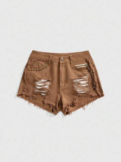 Shorts vaqueros mini con remaches, cuentas y desgastados, de estilo hippie para mujeres