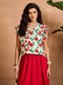 SHEIN VCAY 大码休闲度假风格热带印花盖袖波西米亚风衬衫 - 彩色 - 查看 6