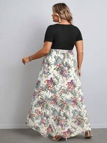 SHEIN VCAY Plus Size Women Vacation Tropical Plant Print Side Slit Hem Short Sleeve Casual Dress