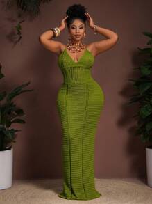 Slaydiva 2025 春夏新款波西米亚度假休闲派对卡其色针织收腰镂空透视吊带裙，加大码 - 綠色 - 查看 5