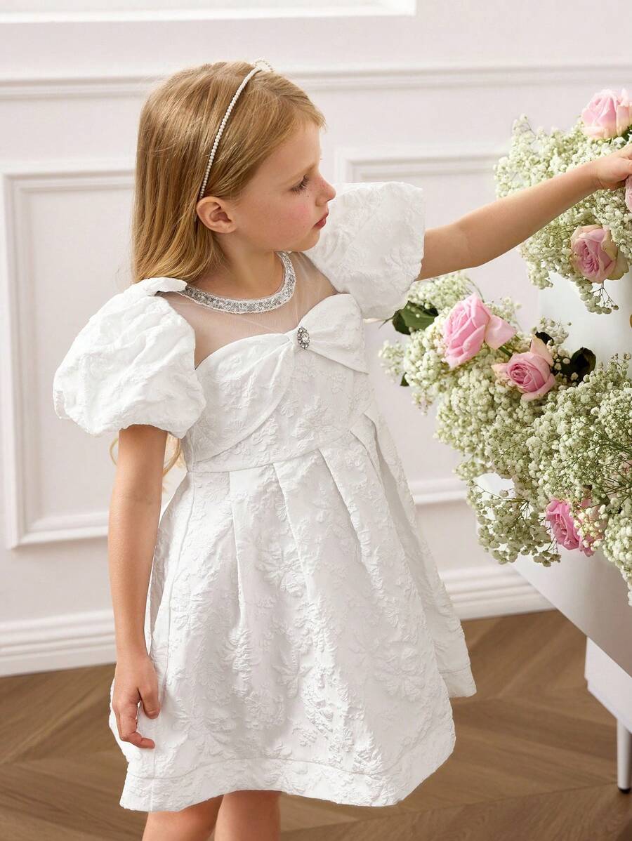 Kleine Mädchen Prinzessin Kleid, weißes strukturiertes Blumenmuster Puffärmel Tunika Kleid - Weiss - Übersicht 1