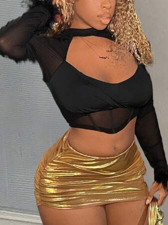 Slaydiva Valentine's Day Sexy Asymmetric Hem Side Ruched Metallic Foil Fabric Mini Skirt For Women