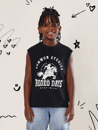 SUMWON Summer Sleeveless Tank Top Rodeo Days Western Stay Wild Cowboy Bronco Print Youth Boys Muscle Tee Casual Streetwear