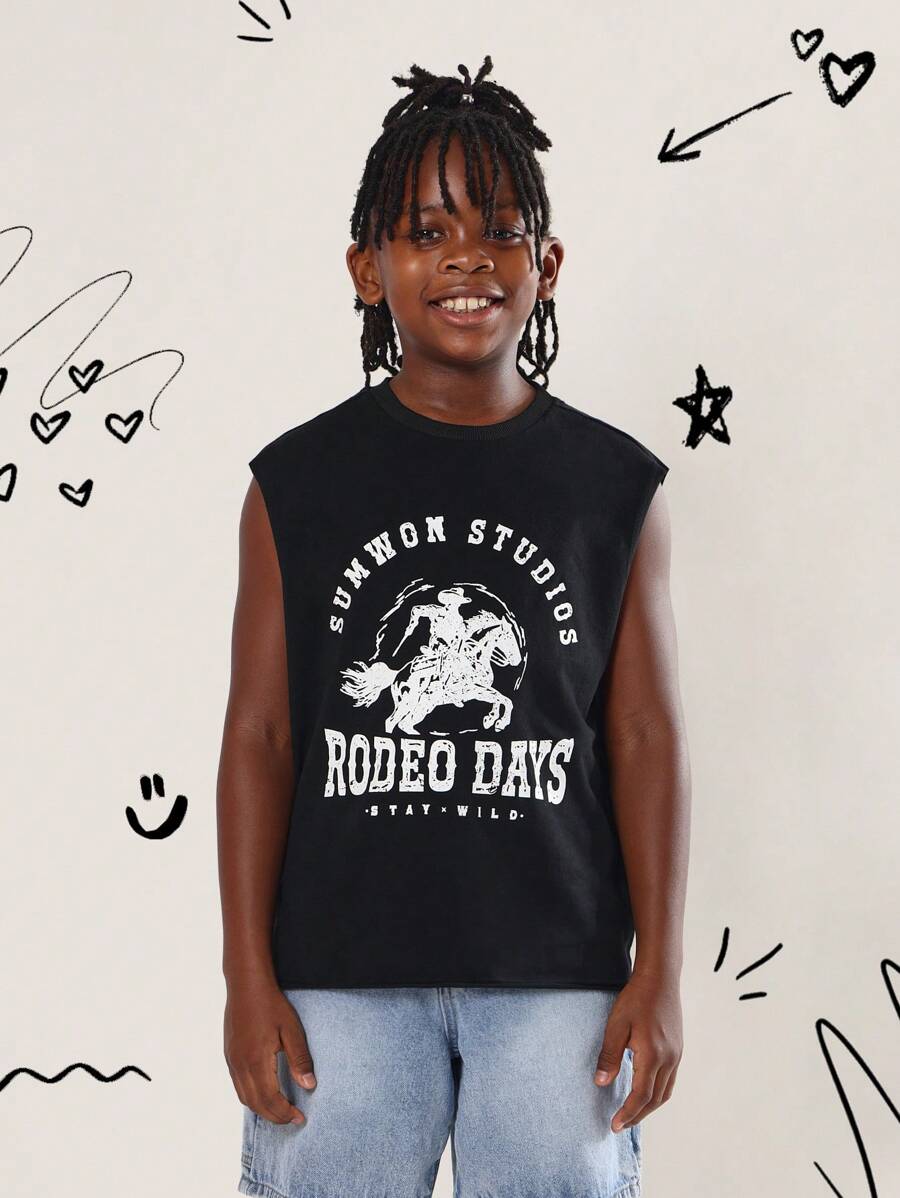 SUMWON Summer Sleeveless Tank Top Rodeo Days Western Stay Wild Cowboy Bronco Print Youth Boys Muscle Tee Casual Streetwear - Black - View 1