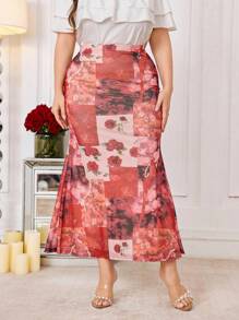 Modelyn Elegant Floral Printed Mesh Waist Tie Fitted Mermaid Hem Skirt, Plus Size, Spring/Summer - Multicolor - View 3
