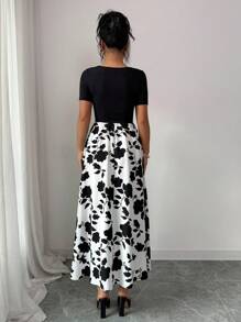 Breezaya Đầm chữ A in hoa thêu hoa tay ngắn cổ chữ U thanh lịch cho nữ - Nhiều màu - Xem 2