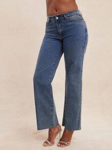 NYA SZN Pantalones vaqueros con cintura alta, desgastados y recortados, con detalles de bolsillos metálicos y tachuelas para conciertos, eventos campestres y festivales para mujeres - Azul lavado oscuro - Ver 4