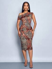 SOLERSUN 豹纹弹力优雅彩色数码印花紧身性感吊带单肩长裙，适合外出、聚会和通勤