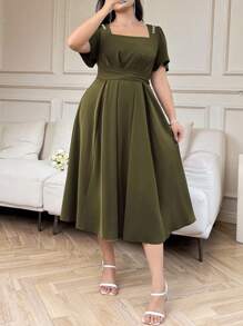 SHEIN Clasi Plus Size Women's Summer Retro Rhinestone Decor Square Neck Elegant Artistic Style French Style Dress