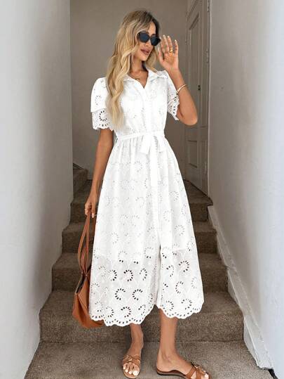Easowa 女士休闲刺绣领开衫花卉蕾丝边连衣裙夏季女装夏季连衣裙白色连衣裙女士度假装扮女士夏季服装波西米亚风度假连衣裙白色连衣裙优雅波西米亚风女装白色毕业礼服女士白色套装夏季女装
