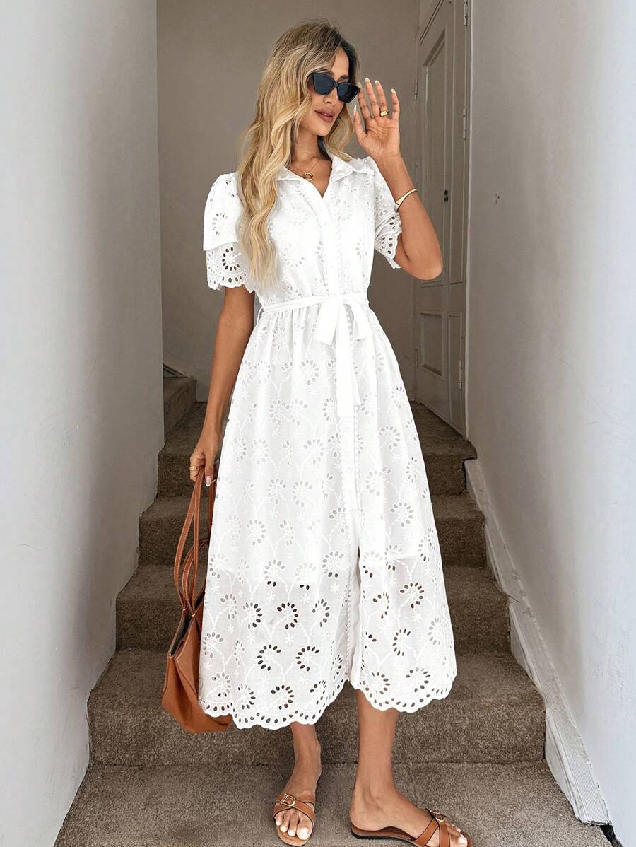 Easowa 女士休闲刺绣领开衫花卉蕾丝边连衣裙夏季女装夏季连衣裙白色连衣裙女士度假装扮女士夏季服装波西米亚风度假连衣裙白色连衣裙优雅波西米亚风女装白色毕业礼服女士白色套装夏季女装 - 白色 - 查看 1