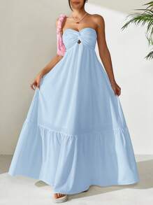 MainGRL 波西米亚风天蓝色长款露背连衣裙，春夏 - 藍色 - 查看 8