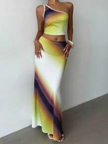 INAWLY Women's Tie-Dye Print Sleeveless Cropped Top And Skirt 2-Piece Set, Fashionable - Multicolor - View 1
