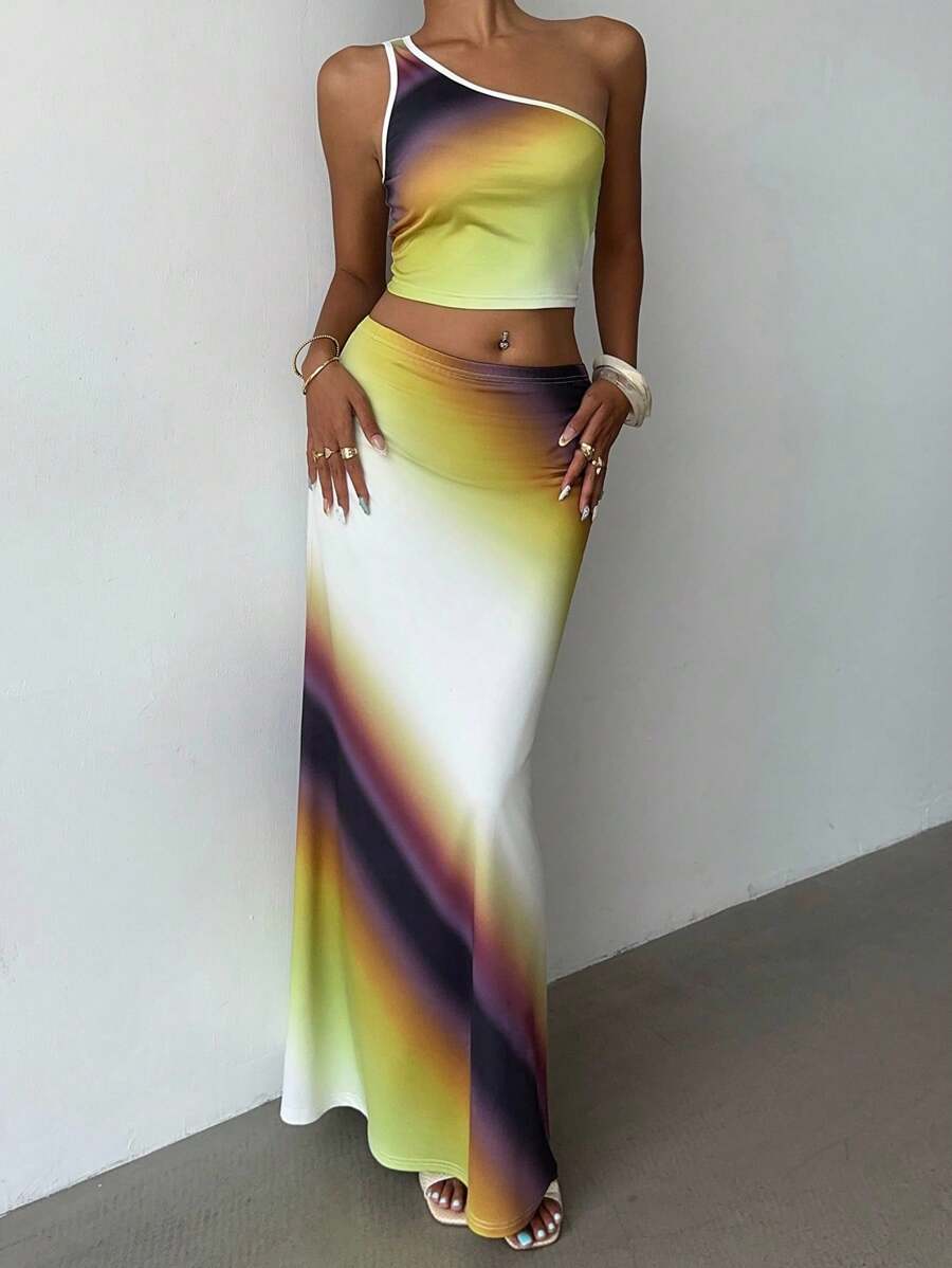 INAWLY Women's Tie-Dye Print Sleeveless Cropped Top And Skirt 2-Piece Set, Fashionable - Multicolor - View 1