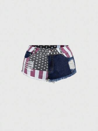 Grunge Punk Shorts in jeans mini con stampa bandiera americana nello stile Y2K per donne