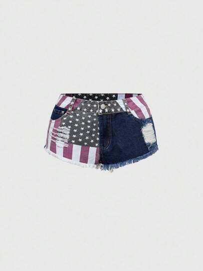 Grunge Punk Y2K Style American Flag Print Denim Mini Shorts For Women