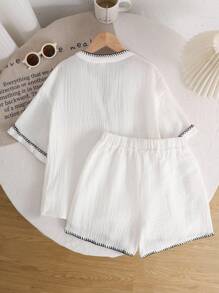 青少年女孩休闲舒适宽松开衫衬衫和短裤两件套 - 白色 - 查看 2