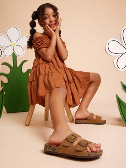 Mini mi 必备儿童经典双带铜扣素食皮革栗色AZ软木鞋床凉鞋 - 优质结构，足弓支撑和游艇到街头风格