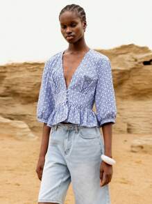 Lumivelle Women's Plaid V-Neck Shirt With Floral Embroidery & Ruffle Hem - Blue - View 5