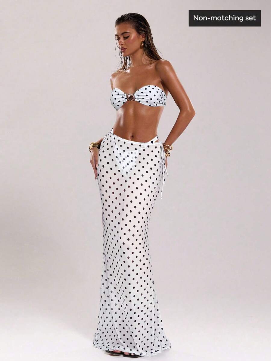 SHEIN BAE Nuevo vestido de verano para mujer con estampado de lunares en blanco y negro, de cintura baja con cordón, elegante y sexy para vacaciones, concierto country