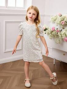Young Girl Elegant Cute Silver Sequin Short Sleeve Dress Girls Sequin Dress Girls Glitter Dress Girls Shimmer Dress Kids Sequin Dress Girls Silver Dress Halloween Dress Christmas Dress Birthday Dress
