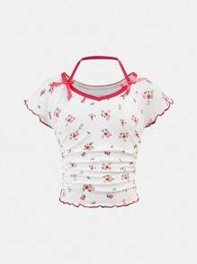 Camiseta corta con decoración de lazo para niñas preadolescentes, dulce y versátil, de uso casual - Blanco - Ver 1