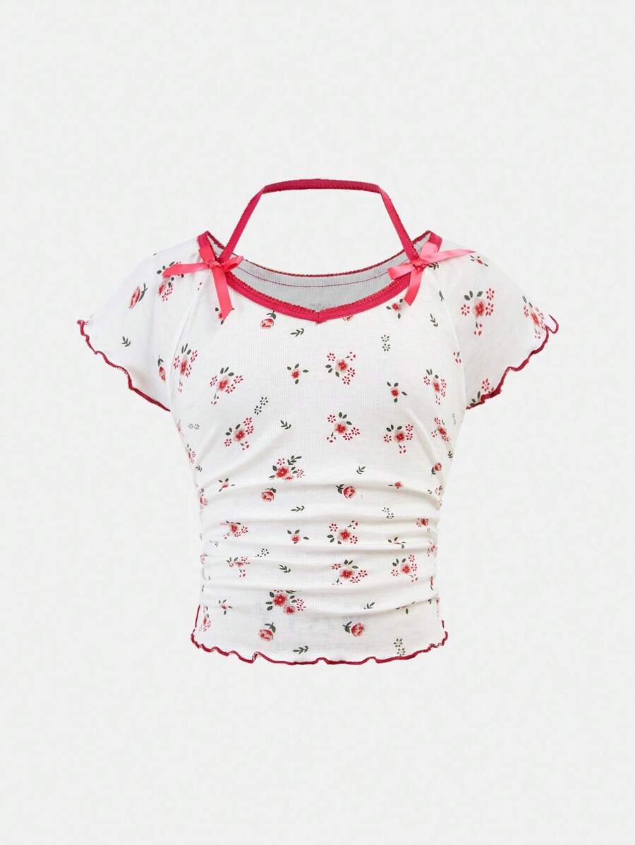 Camiseta corta con decoración de lazo para niñas preadolescentes, dulce y versátil, de uso casual - Blanco - Ver 1