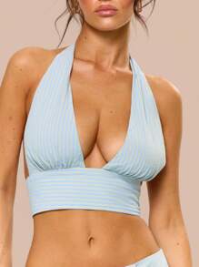 MUSERA 露背深 V 前亚麻外观细条纹上衣夏季假期节日可爱休闲优雅托斯卡纳阳光经典毕业假期少女风 - 藍色 - 查看 2