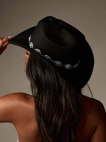 MISSGUIDED 西部牛仔帽，配绿松石带链，节日配饰，波西米亚风宽边牧场主帽