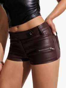 Jeanoix Women's Solid Color PU Leather Zipper Designed Skinny Fashionable Shorts