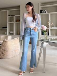 DAZY Solid Open Front Flare Sleeve Top Without Tube Top,Ruffle,Back To School Clothes Long Sleeve Women Tops - Blue - View 6