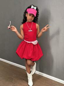 SHEIN Tween Girls Casual Floral Babydoll Dress, Fashion Streetwear Daily Versatile Red Dress Girls Dress Red Bubble Dress Girls Red Dress Dress With Back Cutout Red Girls Dress Cutout Dress